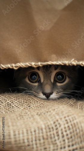 Cute cat playong hide and seek . Vertical background  photo