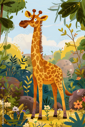 A happy giraffe in a natural habitat illustration