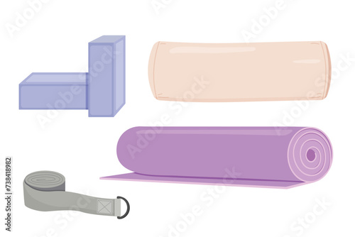Yoga equipment set, including mat, blocks, strap and bolster. Yoga props and accessories, flat vector illustrations, isolated on white background. 
