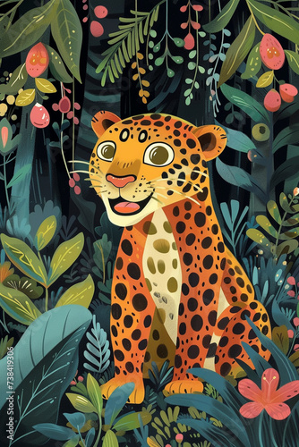 A happy Jaguar in a forest illustration