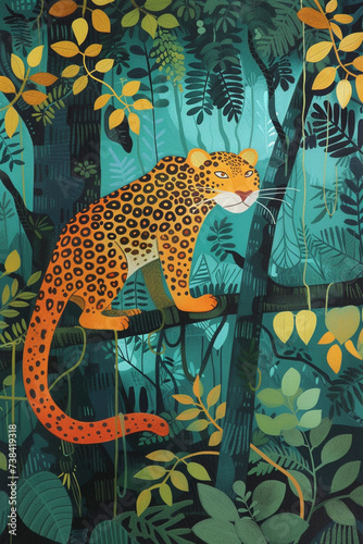 A happy Jaguar in a forest illustration