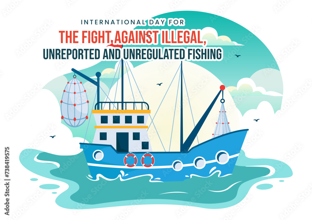 International Day for the Fight Against Illegal, Unreported and Unregulated Fishing Vector Illustration with Rod Fish in Flat Cartoon Background