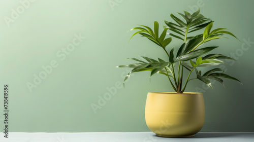 Table with a vase holding a potted plant  featuring various leaves and flowers in a home setting with white background  creating a natural and decorative ambiance