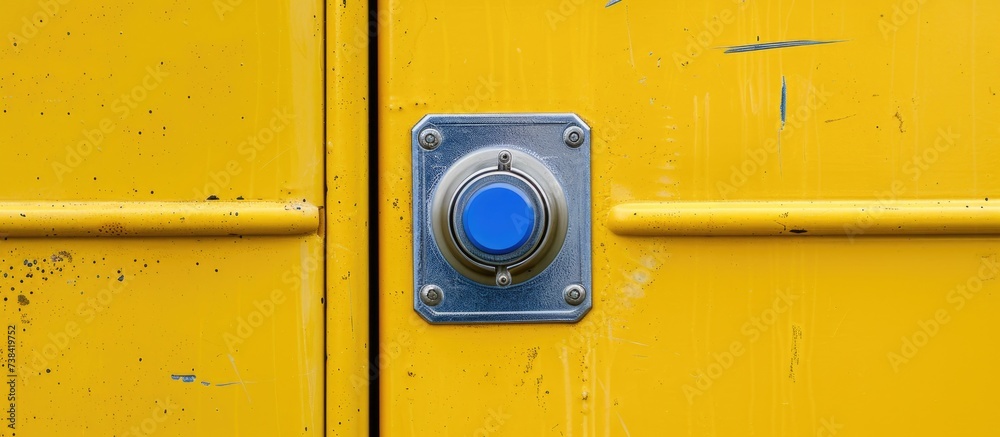 Locked yellow school locker with stainless combination lock, blue knob.