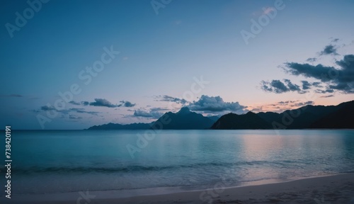 a beach with mountains and water at sunset . Generative AI.