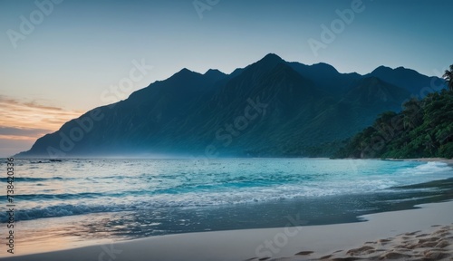 a beach with mountains and water at sunset . Generative AI.