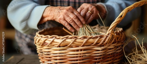 Creating a wicker basket with their hands. photo