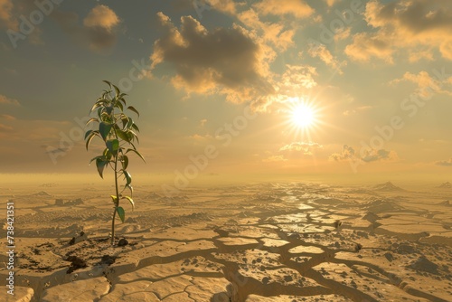 isolated plant in the desert at sunset, 3d render
