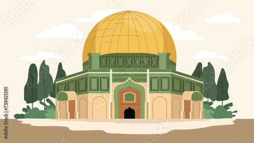 Vector Illustration of majestic Al-Aqsa Mosque and its iconic golden dome. Sacred Islamic Landmark. You can use for banner, poster, website, social media.