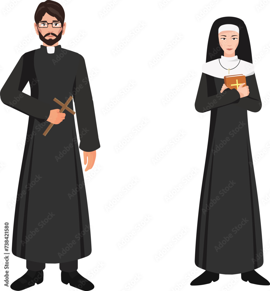 Catholic priest and nun vector illustration isolated on white. Priest holding cross rood and nun holding a bible. Full length portrait. Catholic priest and nun vector illustration isolated on white. Priest holding cross rood and nun holding a bible. Full length portrait.