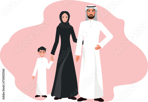 Muslim Arab family in traditional Islamic clothing, gathered together with their child. Full length portrait. Vector illustration.