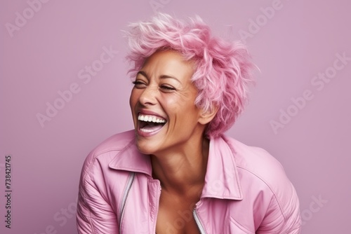 portrait of beautiful young woman with pink hair and pink jacket smiling