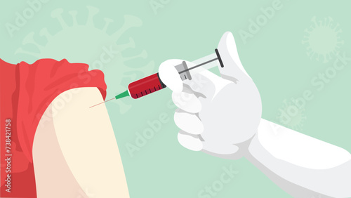 A nurse or doctor administers a vaccine with care to a patient's arm. The background subtly depicts invisible viruses. Public health, viral threats, immunization concepts. Vector illustration. 