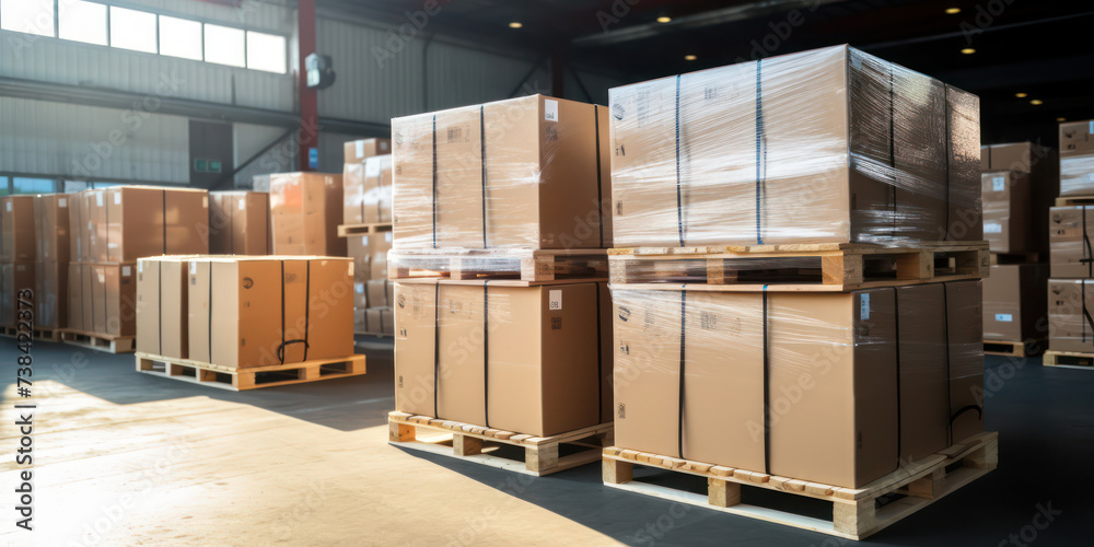 Efficiently Organized: Industrial Warehouse Storage and Distribution Facility with Forklifts and Pallets Efficiently Organized: Industrial Warehouse Storage and Distribution Facility with Forklifts and Pallets
