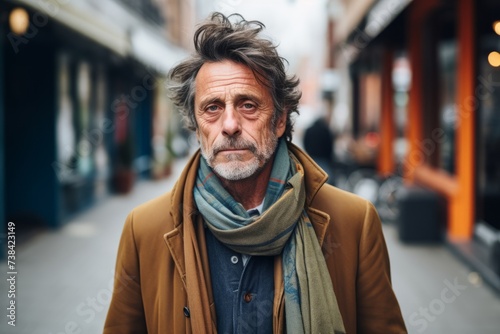 Portrait of a senior man in the city. He is wearing a coat and scarf.