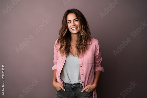 Portrait of a beautiful young woman smiling at the camera while standing against a grey background