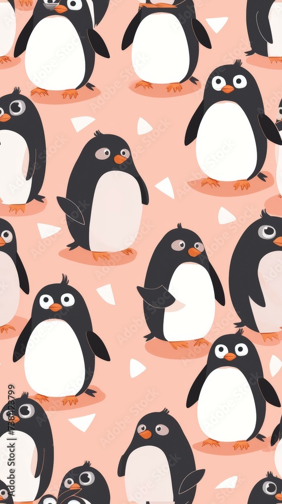 Obraz premium Penguins seamless pattern. Wave,fish,snowflakes. Watercolor hand drawn illustration.