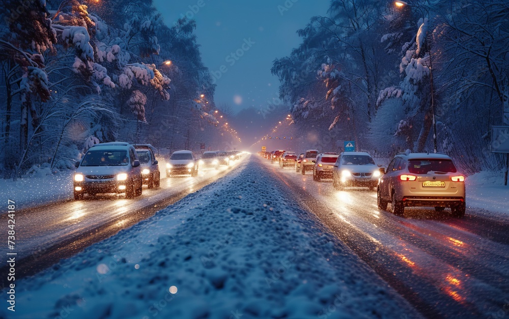 Obraz premium Traffic jam caused by heavy snowfall.