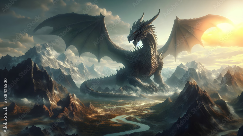 Obraz premium colossal, ancient dragon perches on a mountaintop, with a vast, sprawling fantasy world visible in the background, emphasizing the creature's majesty and power