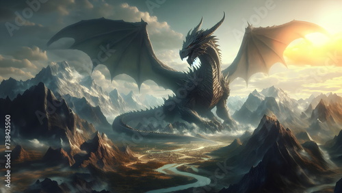 Fototapeta colossal, ancient dragon perches on a mountaintop, with a vast, sprawling fantasy world visible in the background, emphasizing the creature's majesty and power