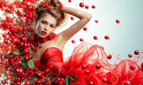 Cherry Chic: Seductive Red Dress, Advertisement of a Woman Wearing Perfume, Embodying Style and Elegance in a Glamorous Setting