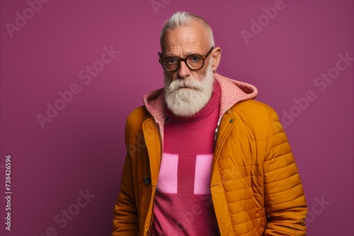 Handsome senior man with long white beard and glasses in yellow jacket and pink scarf on purple background