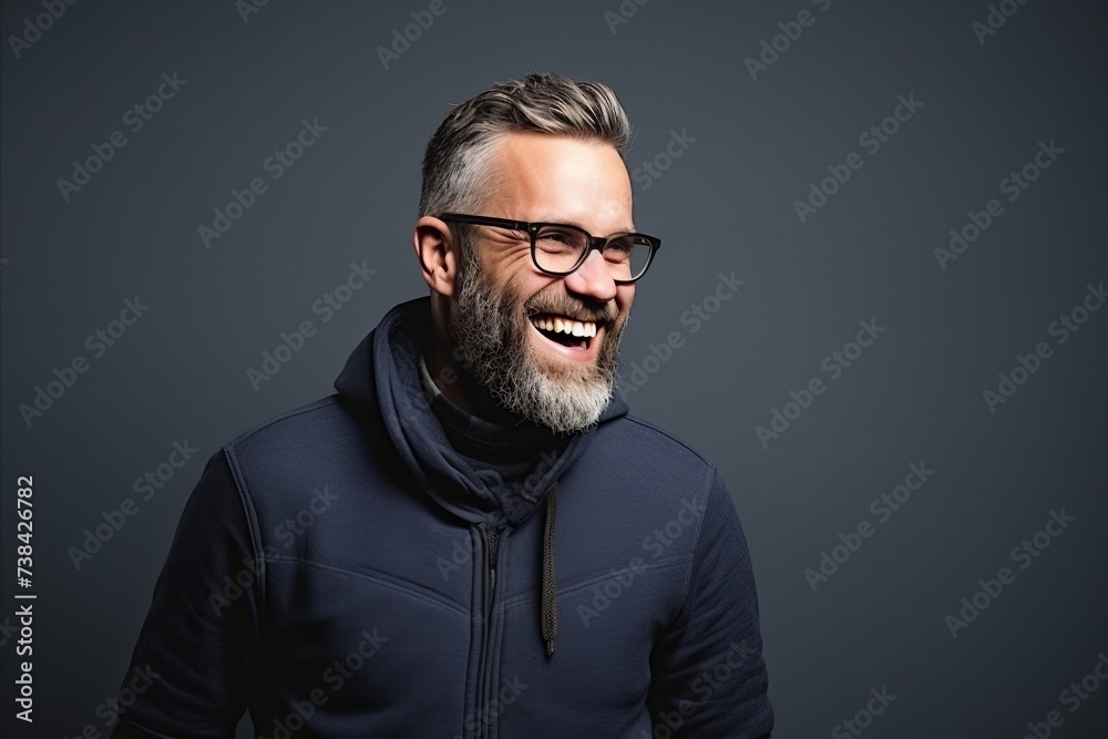 Portrait of a happy senior man with beard and glasses over dark background.