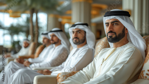Middle-eastern executives in traditional Emirati attire holding a meeting in Dubai's office - UAE business team collaborating and generating ideas. Business concept. Arabian concept. Meeting concept photo
