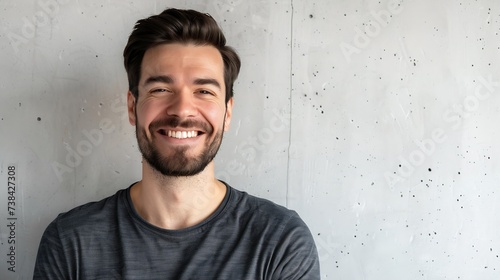 Headshot of satisfied cheerful handsome man grins at camera glad to find suitable well paid job isolated over white concrete background People positive emotions and facial expressions  : Generative AI photo