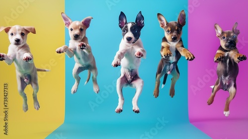 Young dogs jumping, playing, flying. Cute doggies or pets are looking happy isolated on colorful or gradient background. Studio. Creative collage of different breeds of dogs. Flyer for : Generative AI