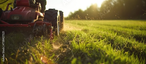 A mower cutting forage grass on farmland. photo