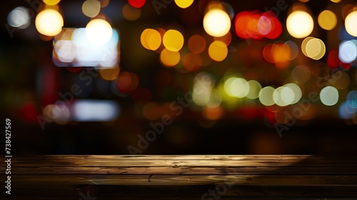 blur bokeh reflection light on table in pub or bar club and restaurant Christmas party and celebrate at dark night for display product in brown tone background : Generative AI