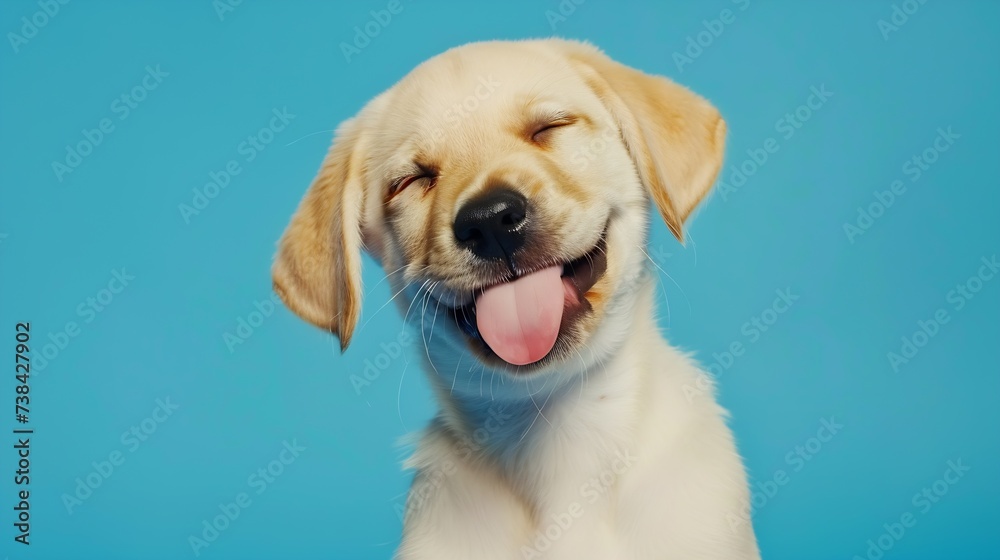 Happy dog puppy winking an eye and smiling on colored blue background with closed eyes. : Generative AI