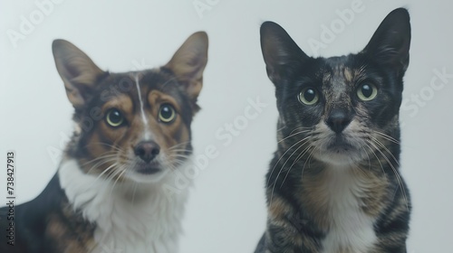 portrait of a dog and a cat looking at the camera in front of a white background : Generative AI