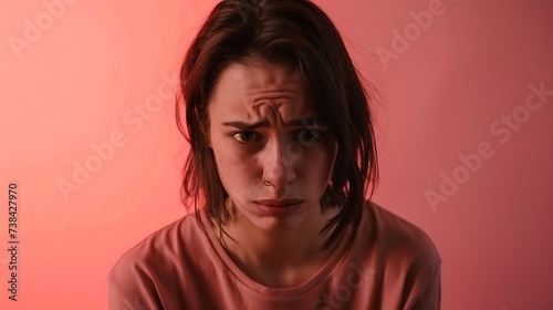 Portrait of displeased upset female frowns face as going to cry being discontent and unhappy as cant achieve goals isolated over pink studio background Dissapointed young woman has tro : Generative AI