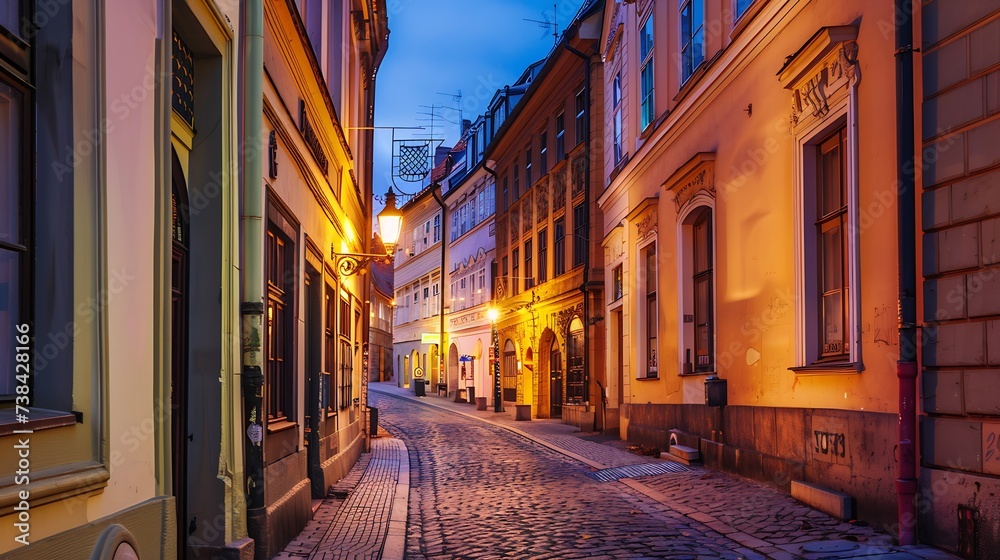 Fototapeta premium illuminated street at night Old european city : Generative AI