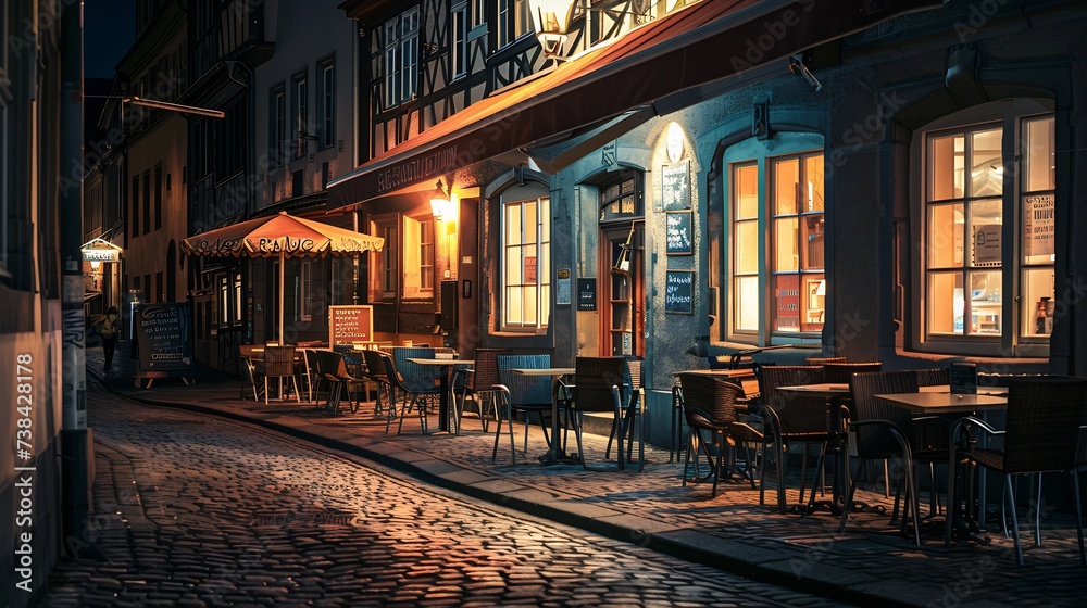 Germany Dusseldorf Old town old houses pavement restaurant at night : Generative AI
