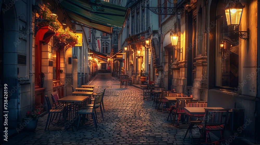 Old street with tables of cafe in center of Brussels Belgium Night cityscape of Brussels Bruxelles Architecture and landmarks of Brussels : Generative AI