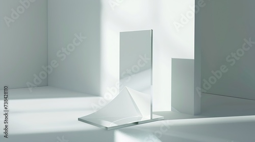 Flyer glass plastic holder stand Brochure Flier mock up for the design presentation isolated on white Showing pamphlet design Empty leaflet holding : Generative AI