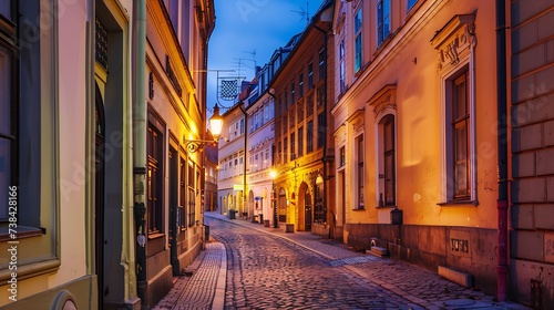 illuminated street at night Old european city : Generative AI photo