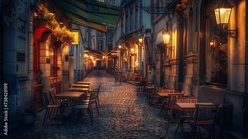 Old street with tables of cafe in center of Brussels Belgium Night cityscape of Brussels Bruxelles Architecture and landmarks of Brussels   Generative AI