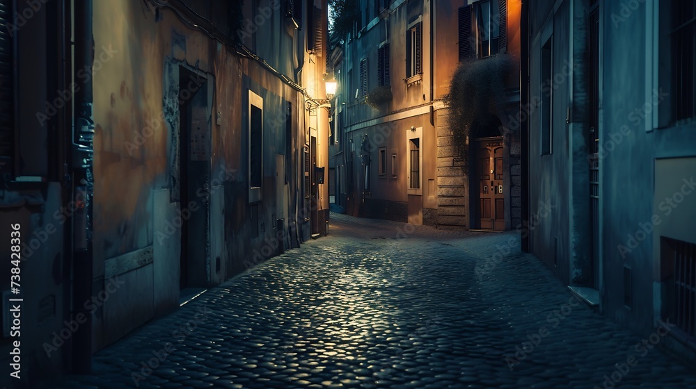 Night view of old cozy street in Trastevere in Rome Italy Trastevere is rione of Rome on the west bank of the Tiber in Rome Lazio Italy Architecture and landmark of Rome : Generative AI