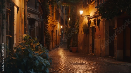 Old cozy street at night in Trastevere Rome Italy Trastevere is rione of Rome on the west bank of the Tiber in Rome Lazio Italy Architecture and landmark of Rome Nightlife of Rome : Generative AI photo