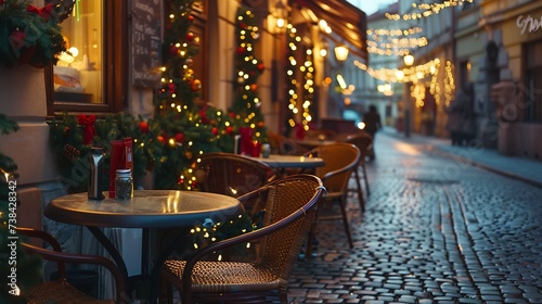 Cafe tables and chairs outside in old cozy street in in Prague Christmas holidays and travel Christmas decorations lights : Generative AI