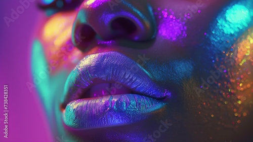 High Fashion model metallic silver lips woman in colorful bright neon blue and purple lights posing in studio beautiful girl trendy glowing makeup colorful make up Glitter Vivid neon m : Generative AI photo