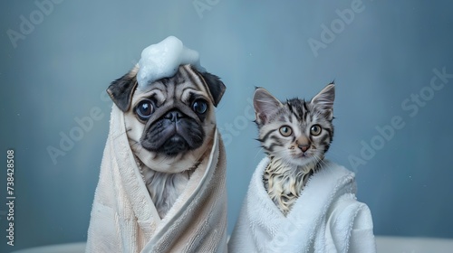 Funny wet puppy of the pug breed and fluffy cat after bath wrapped in towel. Just washed cute dog and gray tabby kitten in bathrobe with soap foam on their heads on blue background. : Generative AI photo