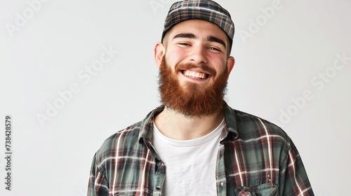 Smiling bearded young male model rejoices coming weekends dressed casually isolated over white background Positive pleased student being in good mood after successfully passed exams at : Generative AI