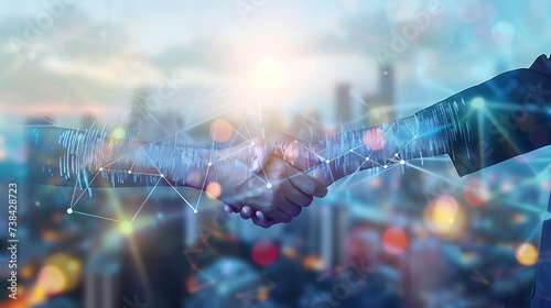business man investor handshake with global network link connection and graph chart stock market diagram and city background, digital technology, internet communication, teamwork, part : Generative AI photo