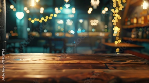 Wood table top Bar with blur night cafe background Lifestyle and celebration concepts ideas : Generative AI