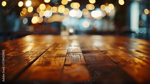 Wood table top with blur of lighting in night cafe restaurant community backgroundselective focus : Generative AI